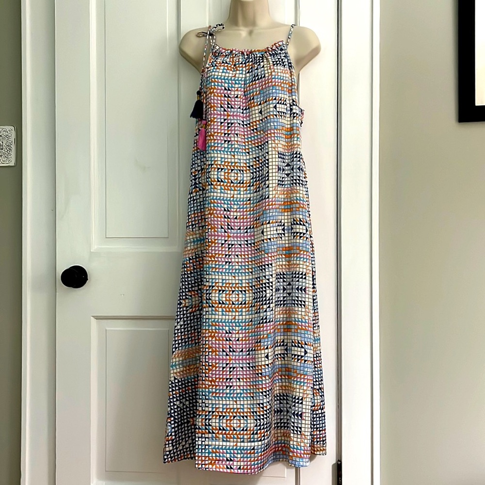 THML Maxi Mulucolor Geometric design spaghetti, strap, maxi, dress, size small